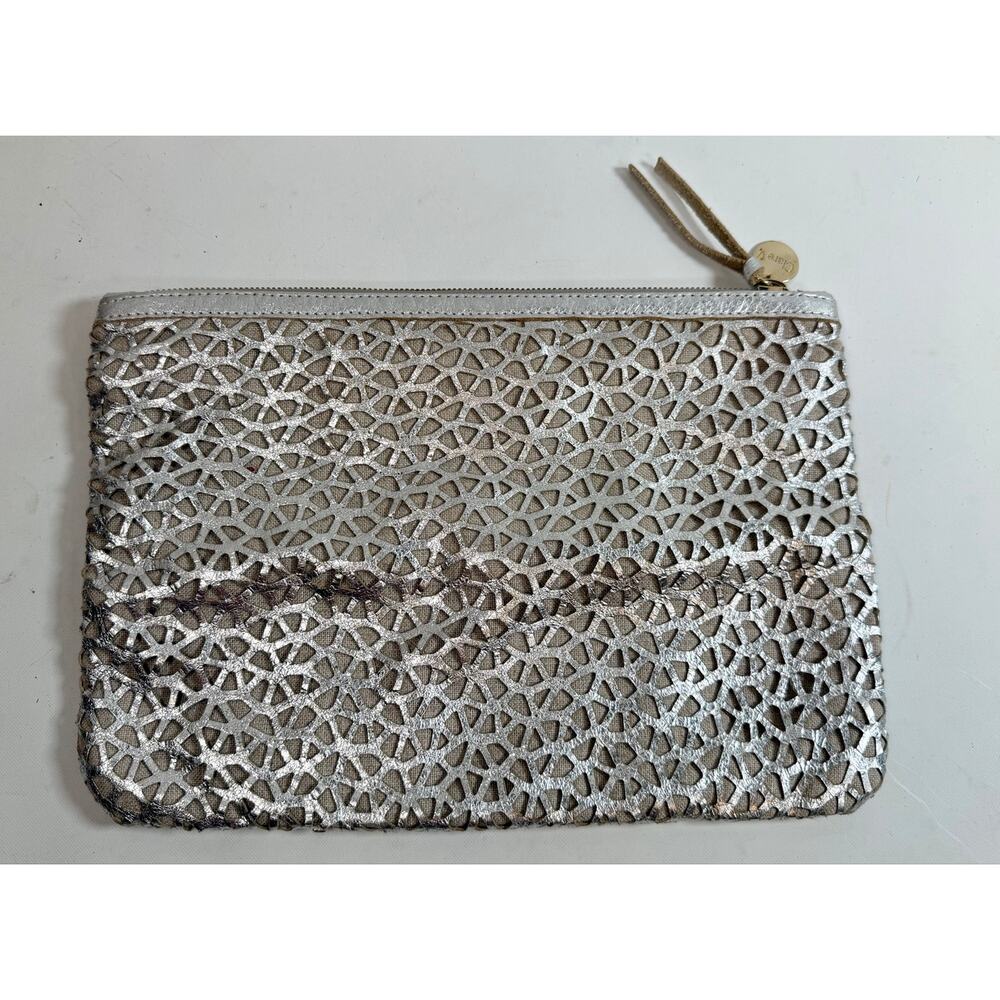 Clare V Leather Flat Clutch in Silver Lasercut Leather